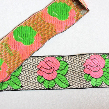 Black And White Lace With Pink Rose And Green Leaves Floral Trim, Approx. 47mm wide - 140316L223B